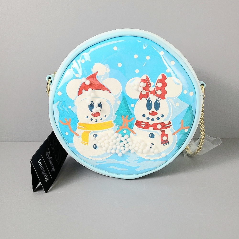 NWT Loungefly Disney Snowman Snow Globe Mickey Minnie Mouse Round Crossbody Bag